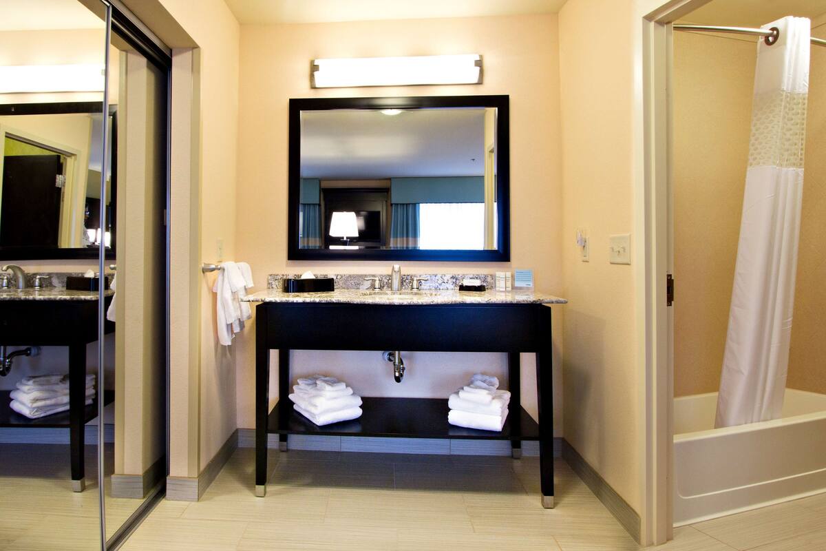 A bathroom with a double sink, a large mirror, and a shower area.