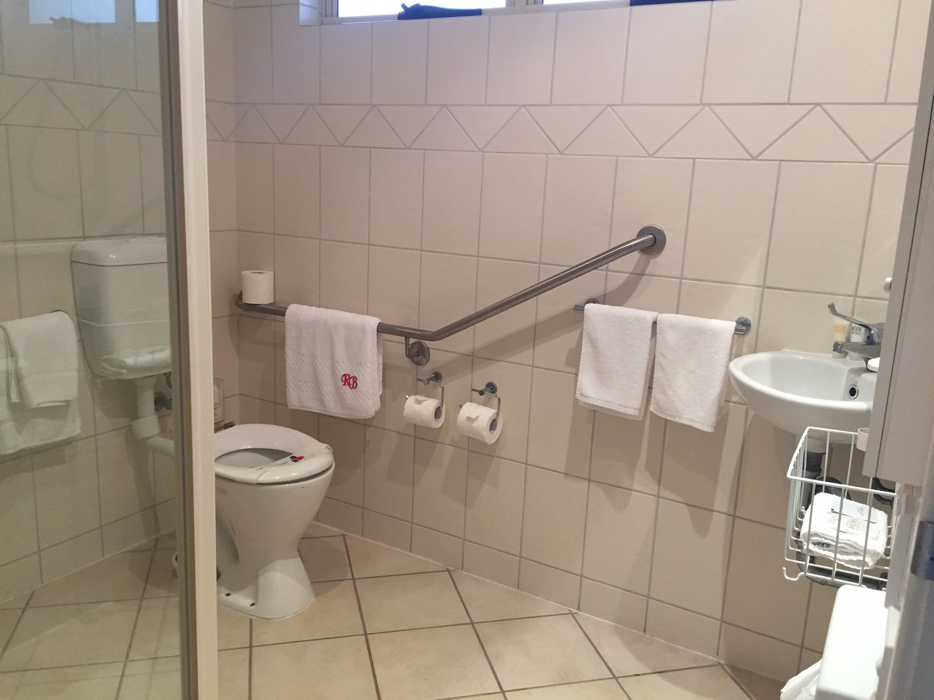 A small bathroom with a toilet, a handrail, a sink, and a towel rack.