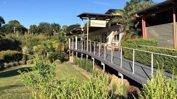 Dinner served, local cuisine, garden views