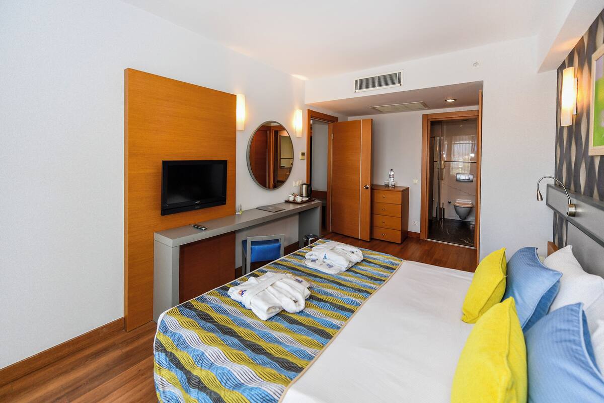 A hotel room with a bed, a desk with a flat-screen TV, a mirror, a bathroom with a toilet and sink, and a shower.