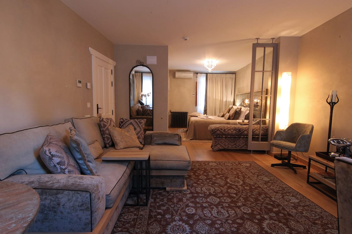 A living room with a sofa, armchair, and a patterned rug.