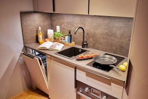 A modern kitchen with a dishwasher, sink, and induction cooktop.