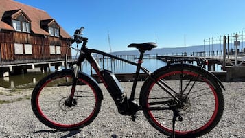 Una bicicleta eléctrica estacionada sobre grava, cerca de la costa con un edificio de madera y un muelle al fondo.