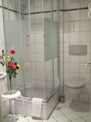 Een douche, gratis toiletartikelen, een haardroger, handdoeken
