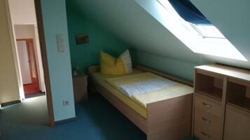 A small, single-bed room with a slanted ceiling and a skylight.