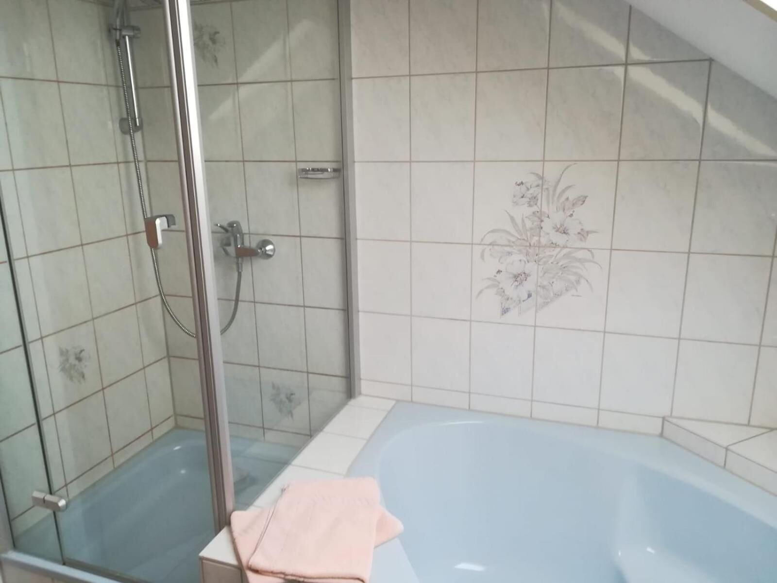 Une salle de bain dotée d’une douche à parois de verre, d’une baignoire et de murs carrelés ornés de motifs floraux.