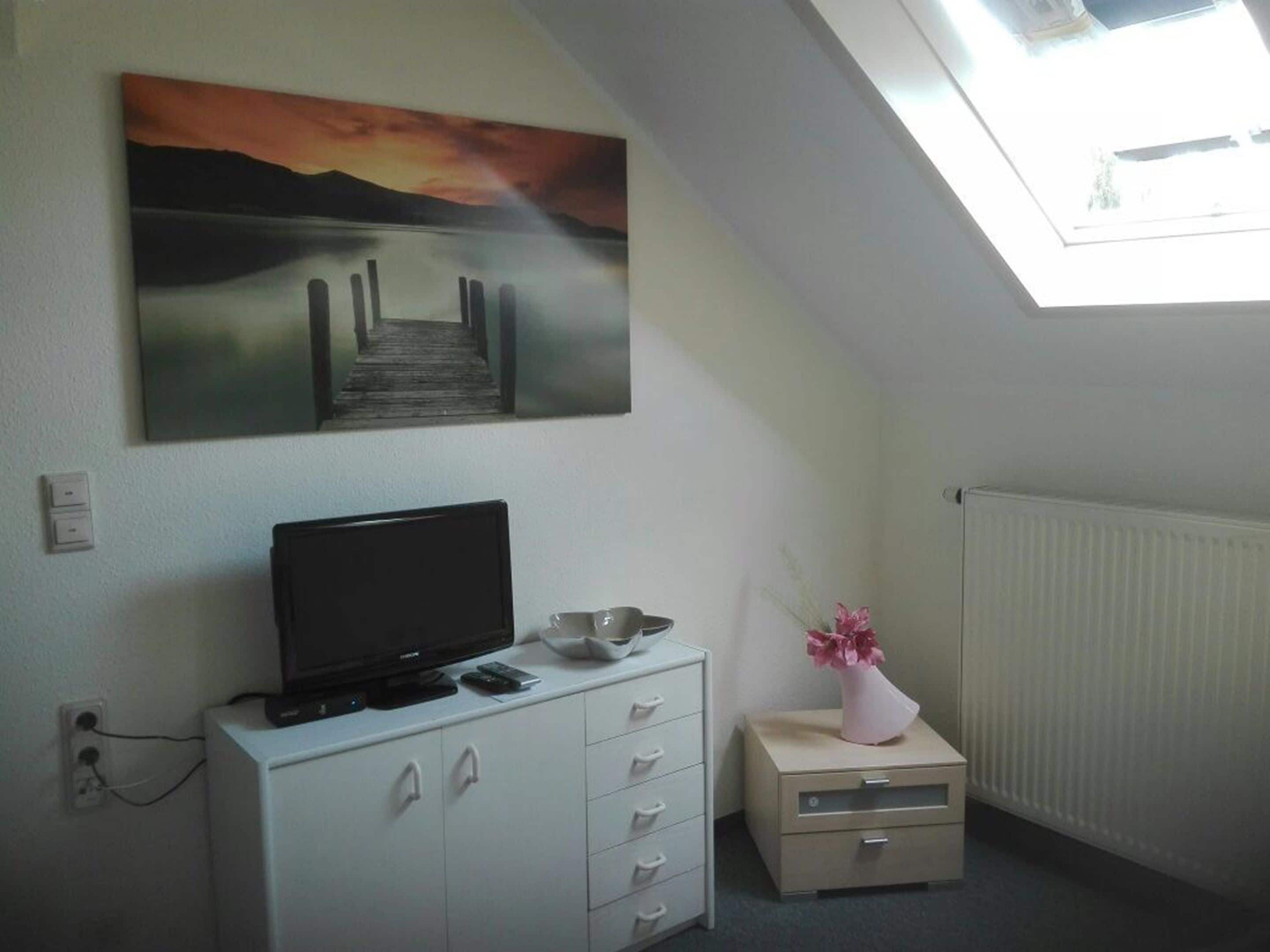 A room with a TV on a white cabinet, a painting of a sunset over water, a radiator, and a skylight.