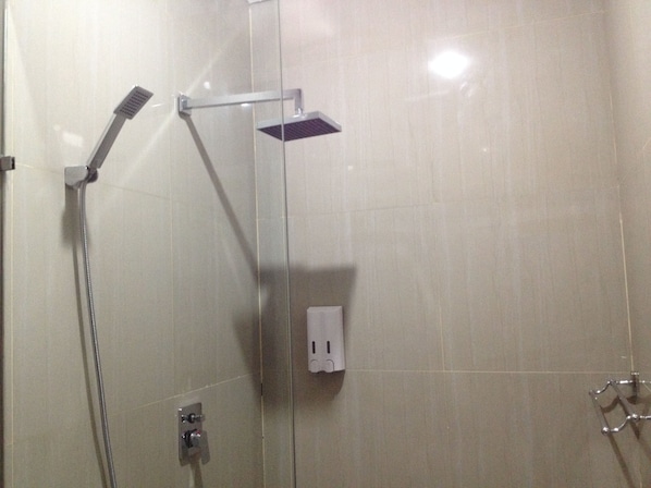 A shower area with a handheld showerhead, a fixed showerhead, and a wall-mounted control panel.
