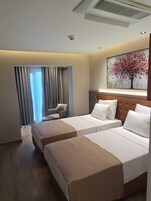 Una habitación de hotel con dos camas, una silla, un cuadro y una ventana con cortinas.