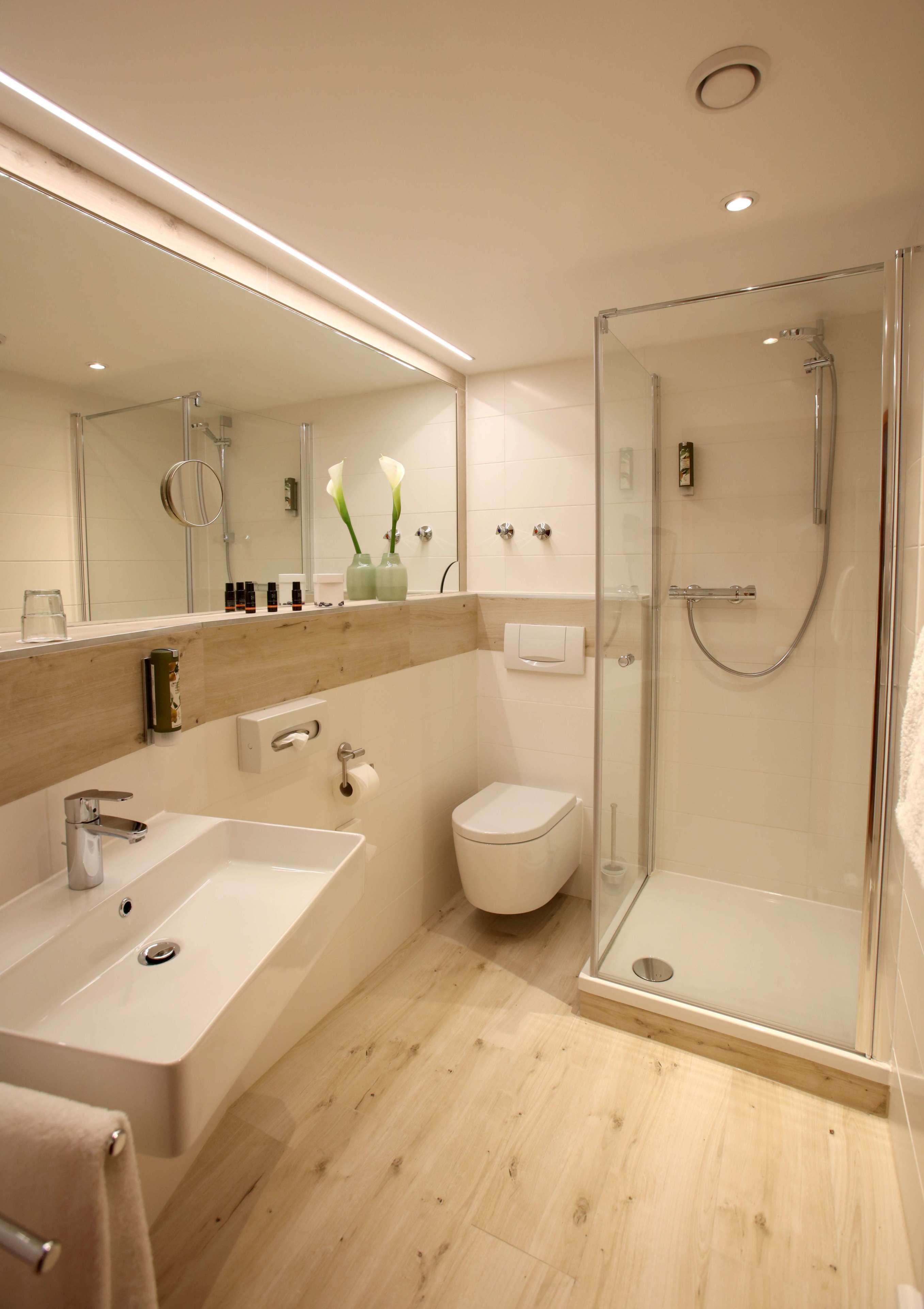 shower, eco-friendly toiletries, hair dryer, towels