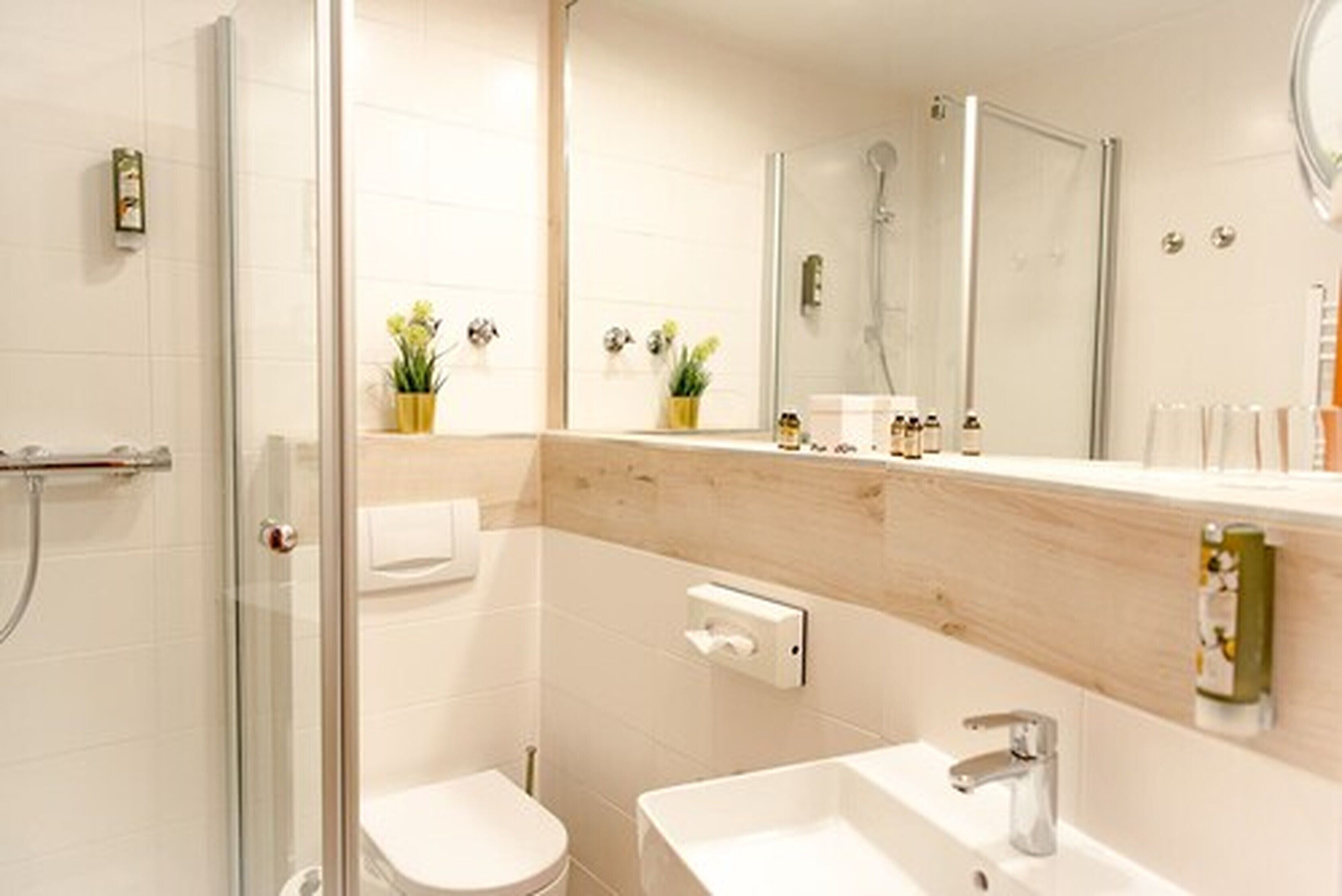 shower, eco-friendly toiletries, hair dryer, towels