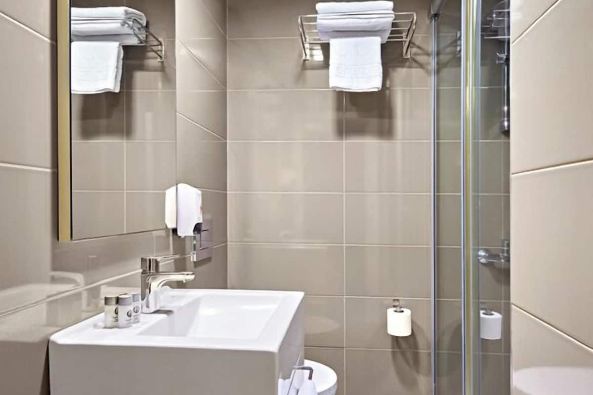 Shower, free toiletries, hair dryer, slippers