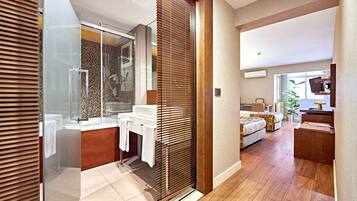 Shower, free toiletries, hair dryer, slippers