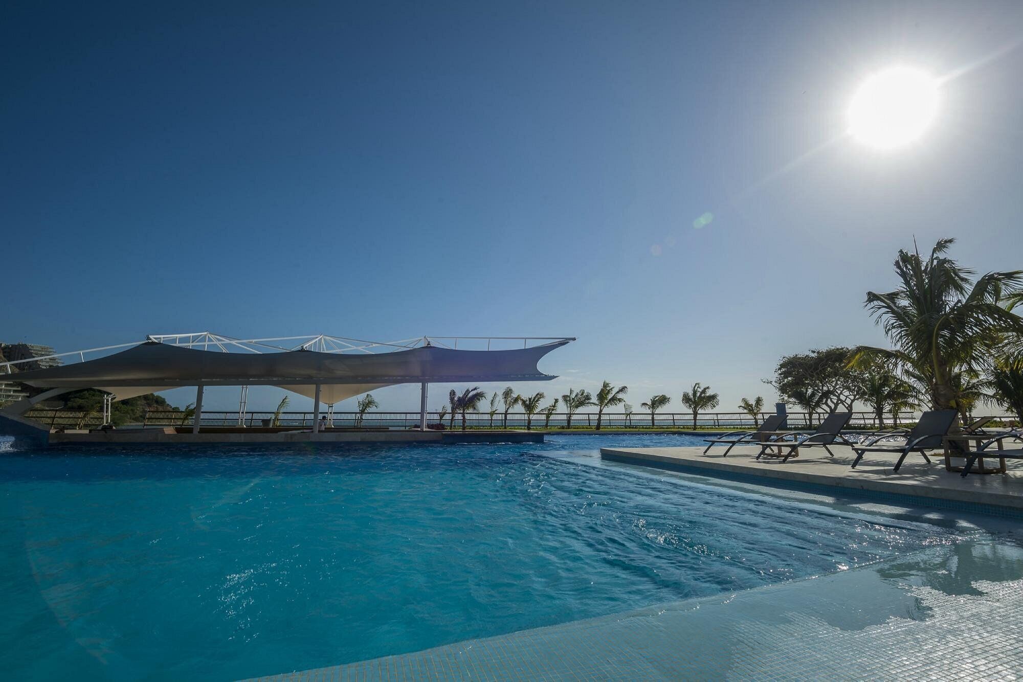 A swimming pool with a modern canopy structure, palm trees, and lounge chairs.