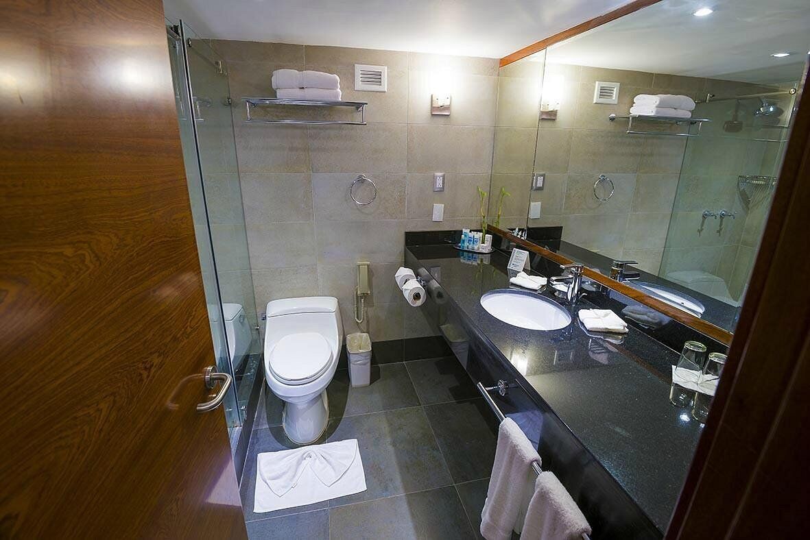 A modern bathroom with a glass shower enclosure, a toilet, a sink with a mirror, and a towel rack.