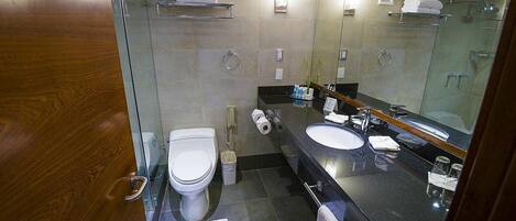 A modern bathroom with a glass shower enclosure, a toilet, a sink with a mirror, and a towel rack.