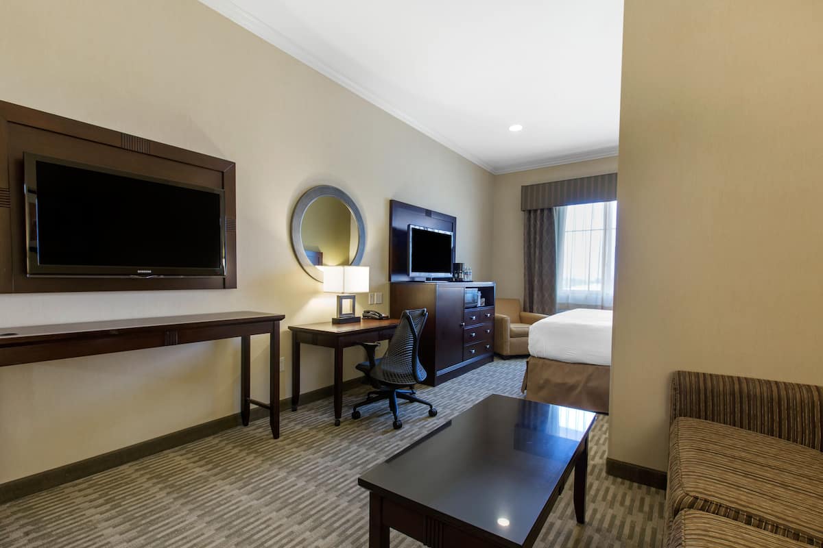 Hotelkamer met een groot flatscreentelevisie, een bureau met stoel, een bed, een bank en een grote spiegel.