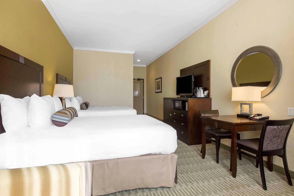Een hotelkamer met twee bedden, een bureau met stoel, een televisie en een spiegel.