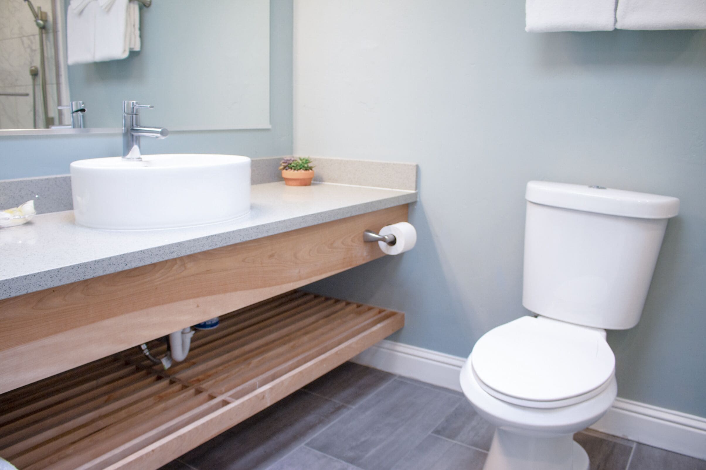 Et badeværelse med en hvid vask, toilet og en lille potteplante på bordpladen.