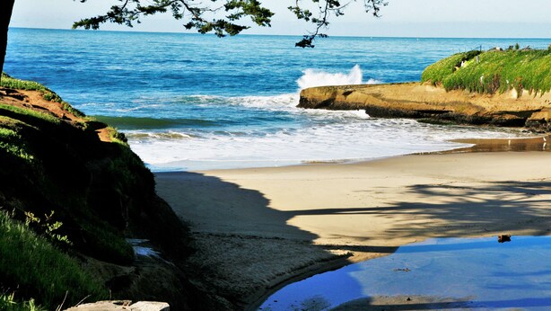 A beach with rocky cliffs and a clear view of the ocean. - Ocean Echo Inn and Beach Cottages (Santa Cruz)