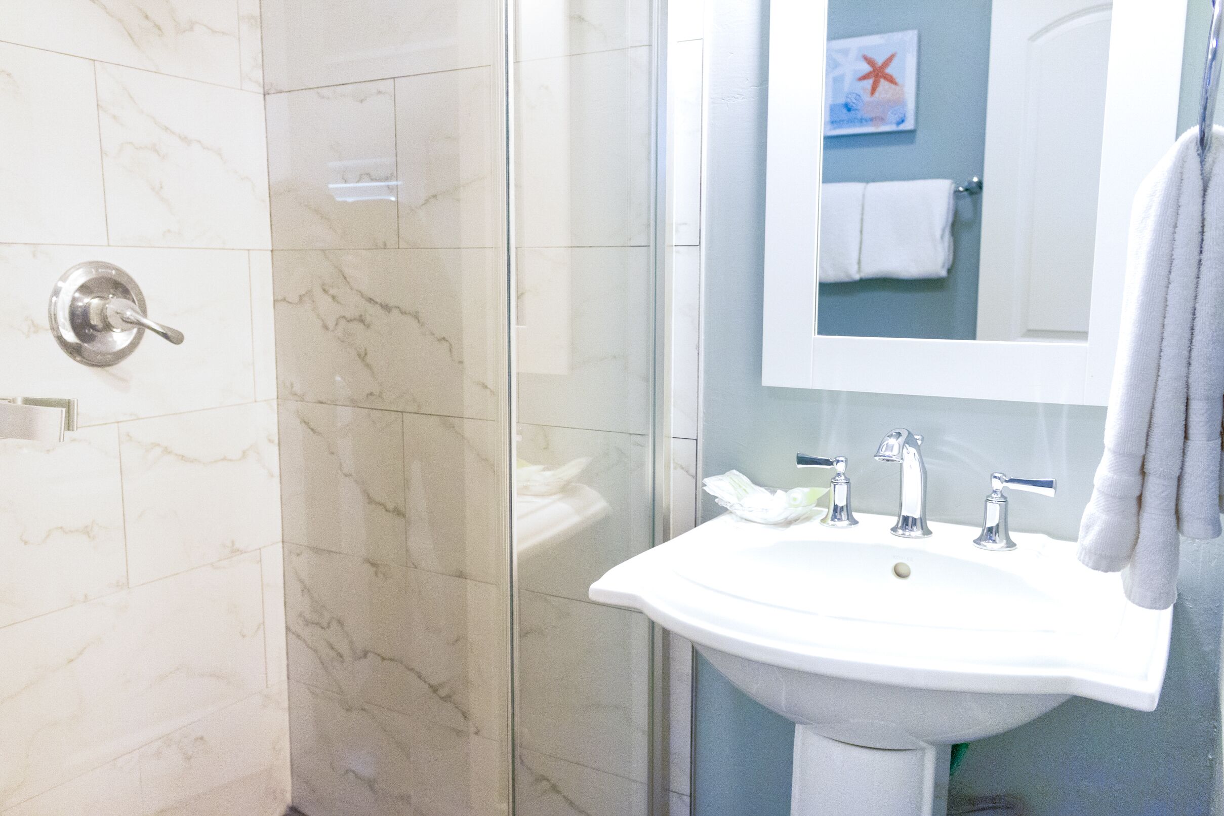 Une salle de bain avec une douche à parois de verre, un lavabo blanc et un miroir.