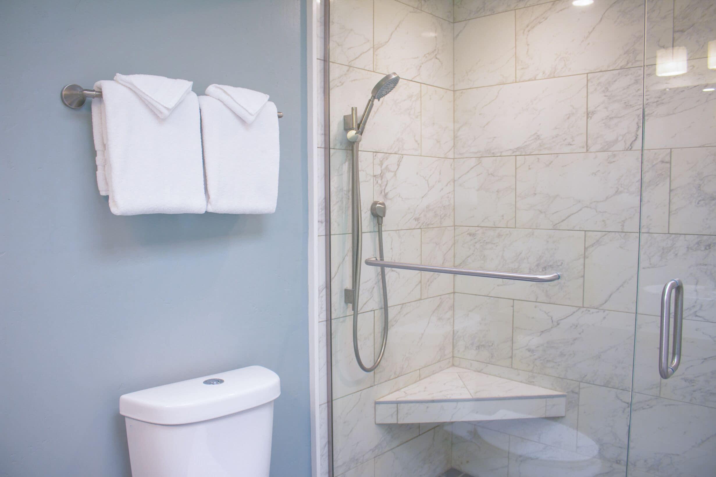 A bathroom with a toilet, a shower with a handheld showerhead, and a towel rack with two towels.