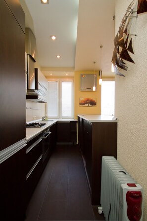 Superior Apartment, 2 Bedrooms, Balcony (2 Taras Shevchenko boulevard) | Private kitchen | Full-size fridge, microwave, stovetop, electric kettle - Alma Apartments (Kyiv)