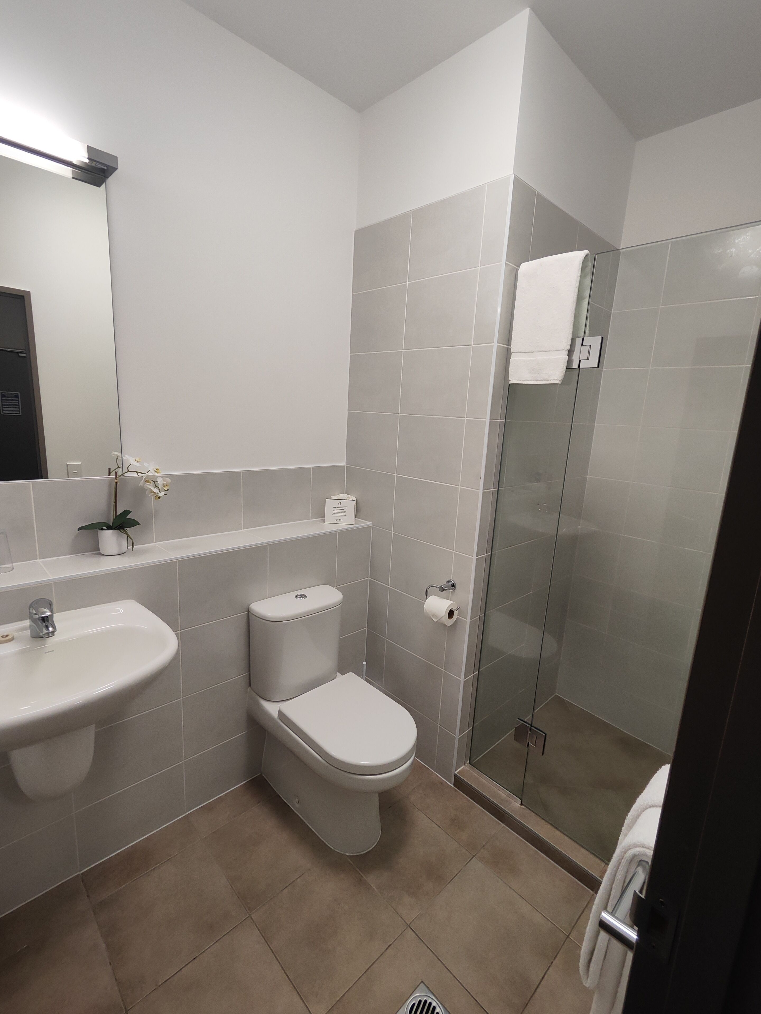 A modern bathroom with a sink, toilet, and glass shower enclosure.