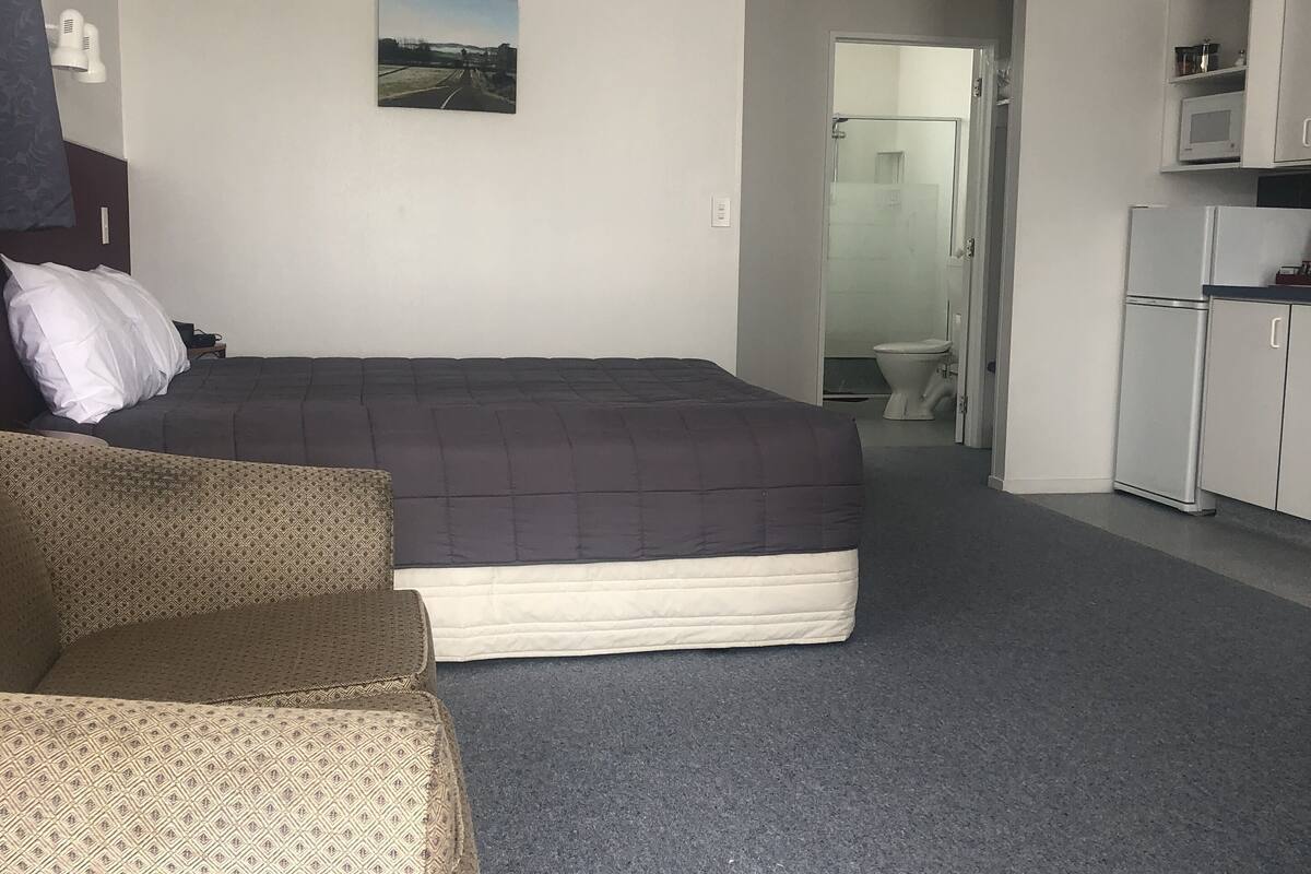 A hotel room with a bed, a sofa, a microwave, and a small kitchenette.