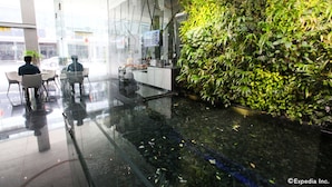 Un espacio interior moderno con un mostrador de recepción de vidrio, una zona de estar con sillas y una pared verde cubierta de plantas.