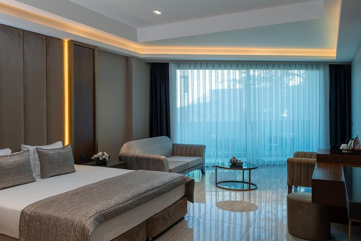 Una habitación de hotel moderna con una cama grande, un sofá, una mesita de café y un televisor.