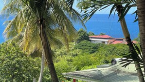 Un giardino tropicale con un edificio bianco, palme e vista sull'oceano.