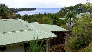 Una casa con tetto verde, circondata da vegetazione lussureggiante e vista sull'oceano.