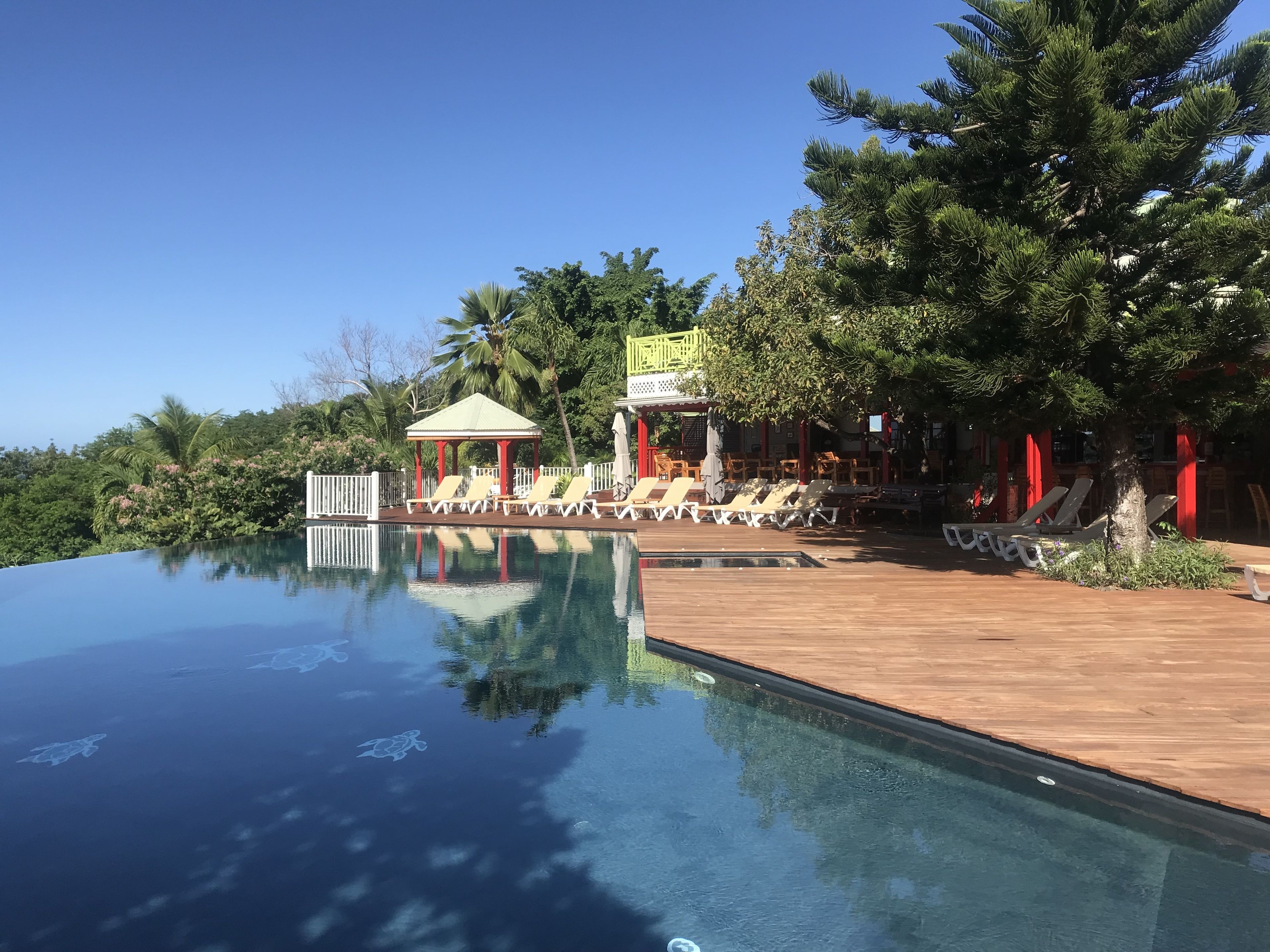 An infinity pool with lounge chairs and a gazebo, surrounded by lush greenery and a clear sky.