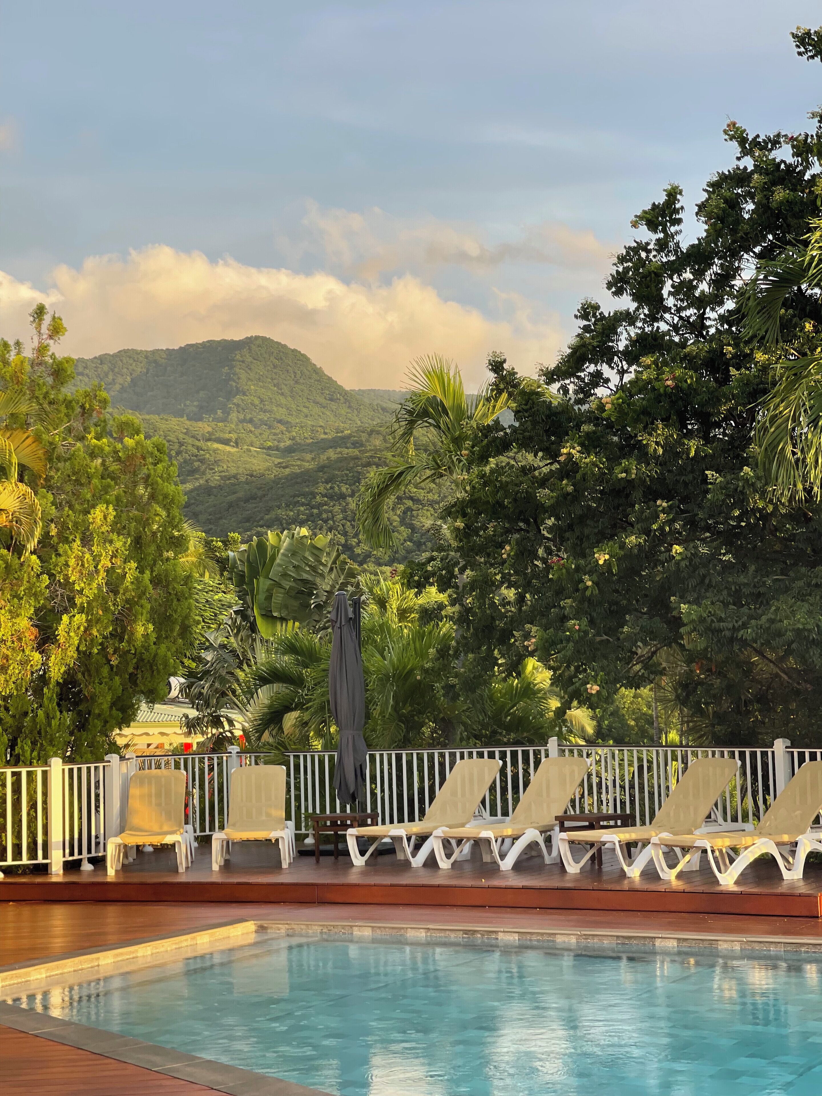 A swimming pool with lounge chairs and an umbrella, surrounded by lush greenery and a mountainous backdrop.