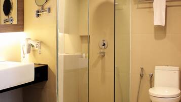 Shower, rainfall showerhead, hair dryer, bathrobes