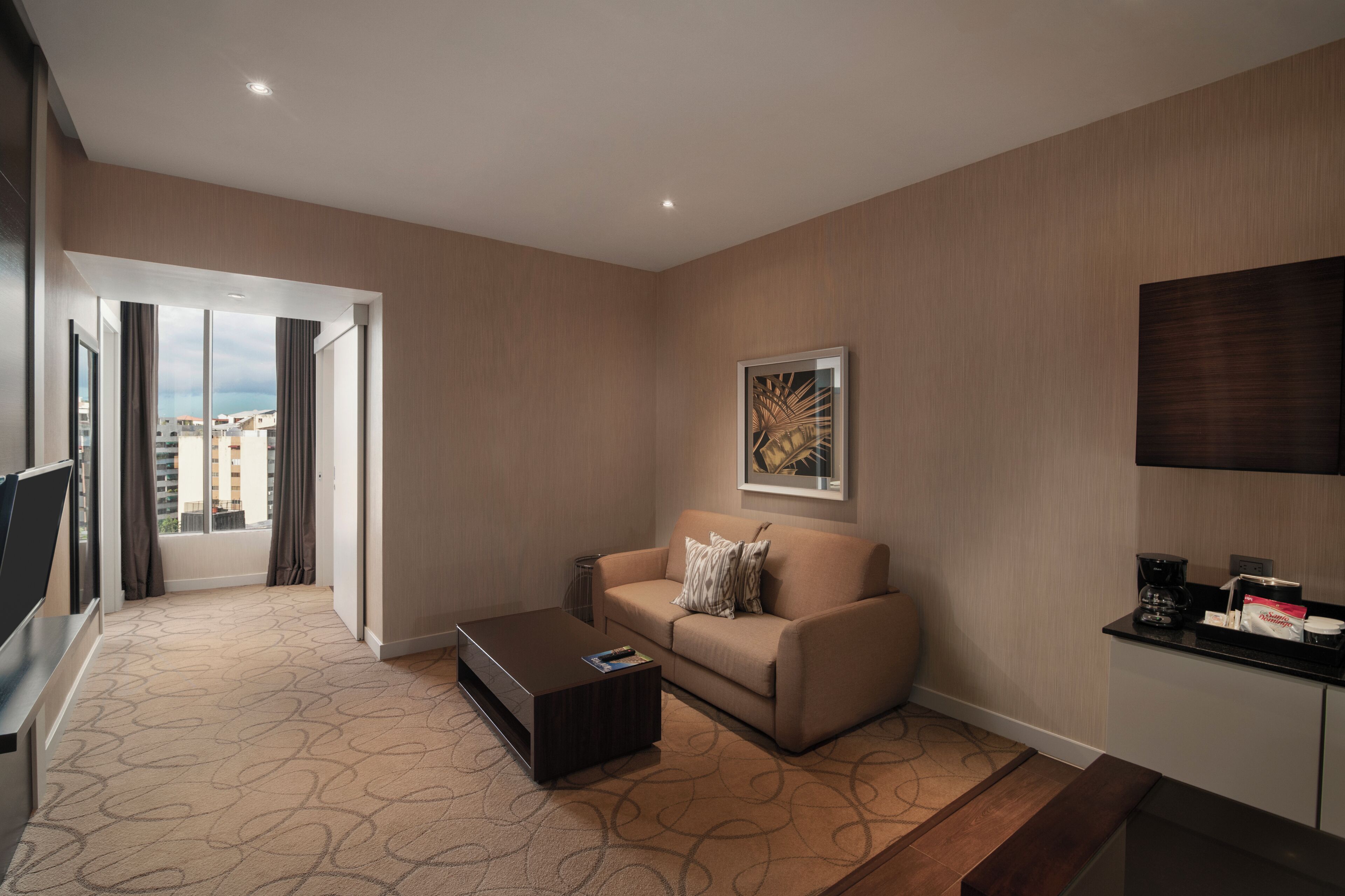 Une chambre d’hôtel moderne équipée d’un canapé, d’une table basse et d’un téléviseur à écran plat.