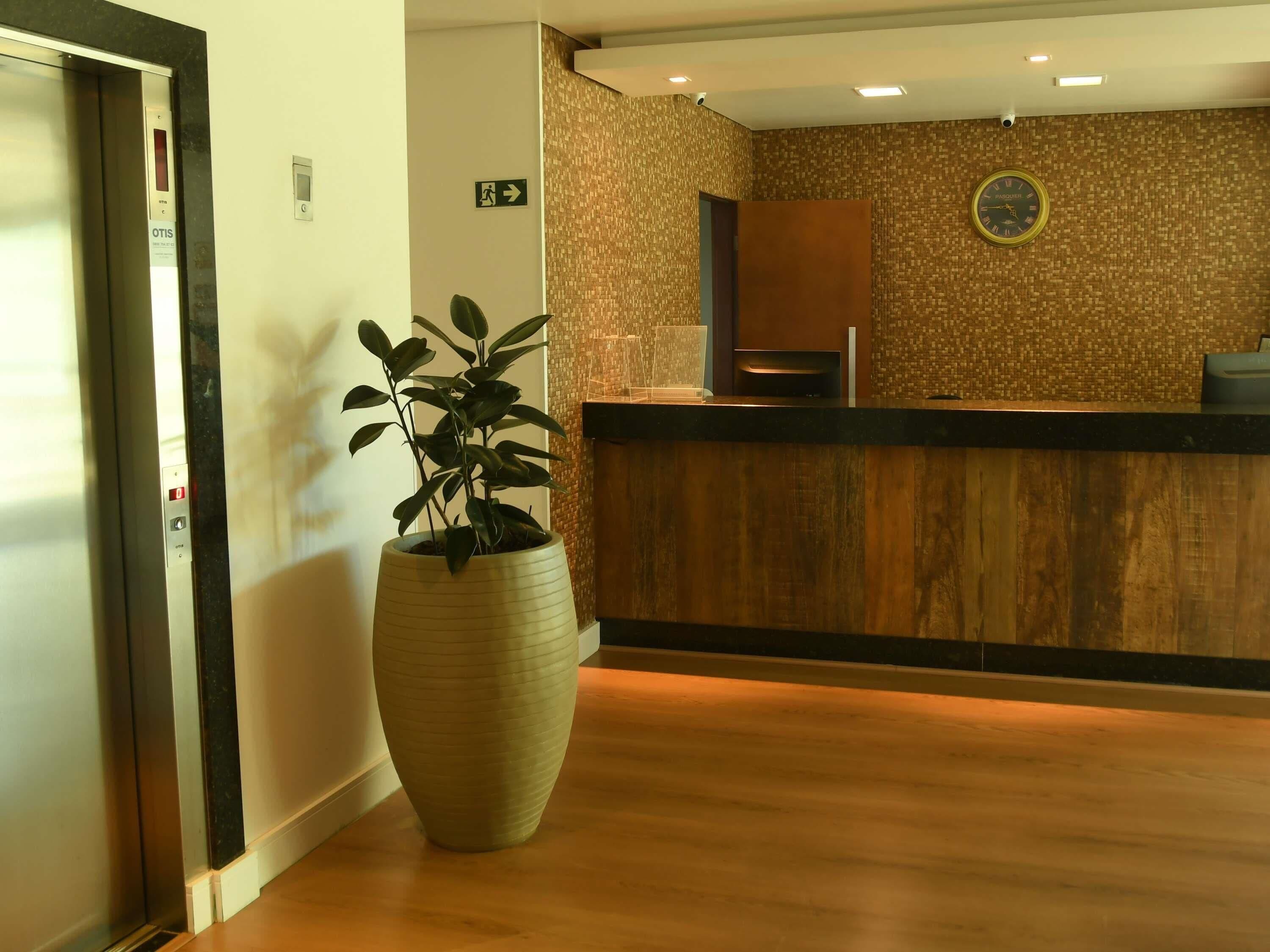 Un área de recepción con un mostrador de madera, una planta grande en maceta y un reloj en la pared.