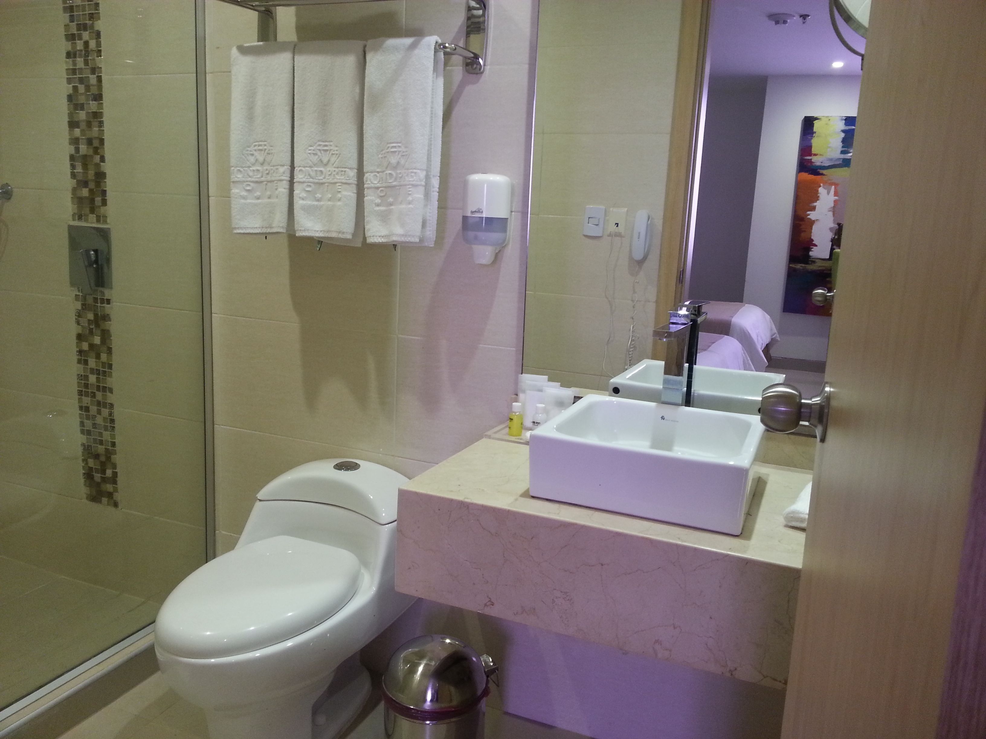 A bathroom with a toilet, bidet, and a sink with a mirror. There are towels hanging on the wall and a shower area visible.