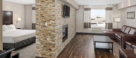 Premium bedding, desk, laptop workspace, blackout curtains