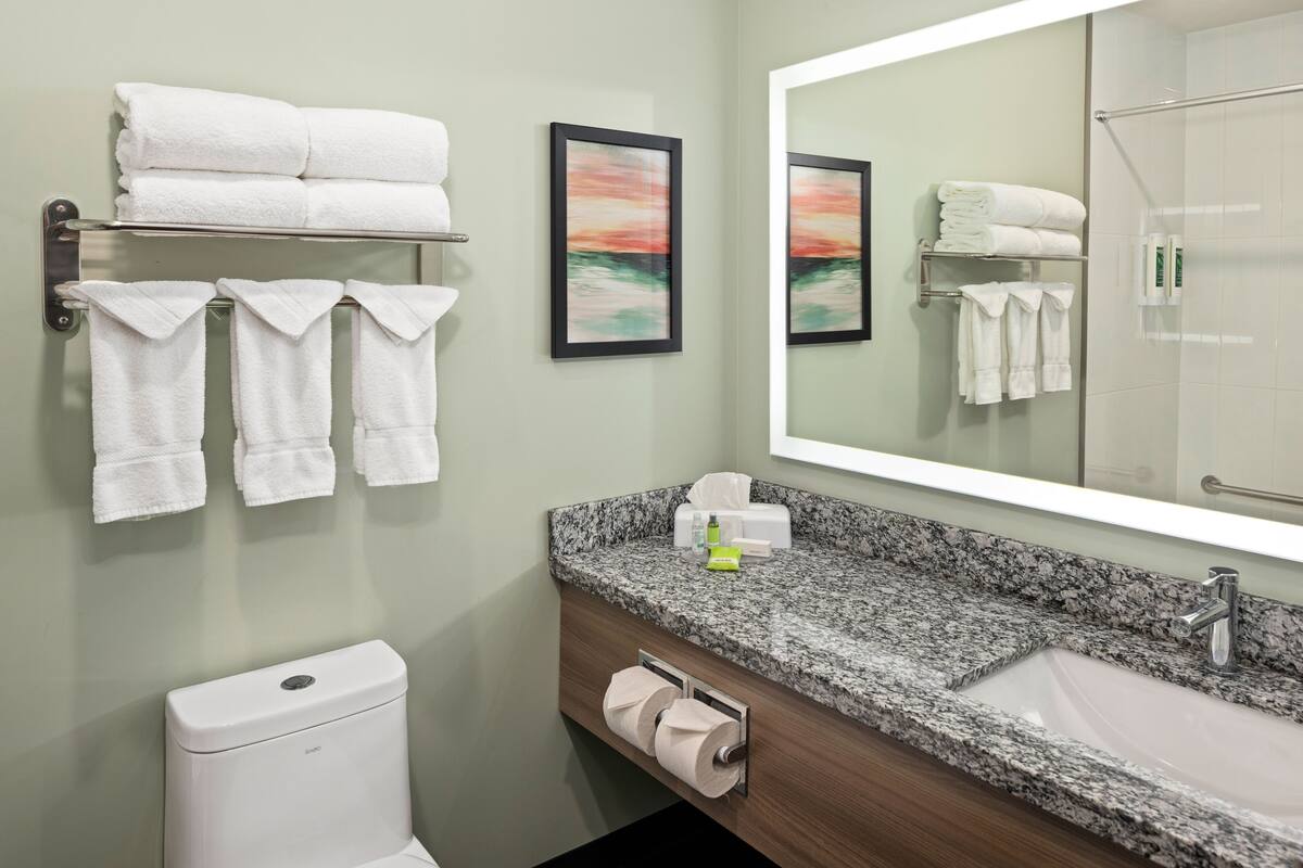 A bathroom with a toilet, sink, towel rack, and a framed picture on the wall.