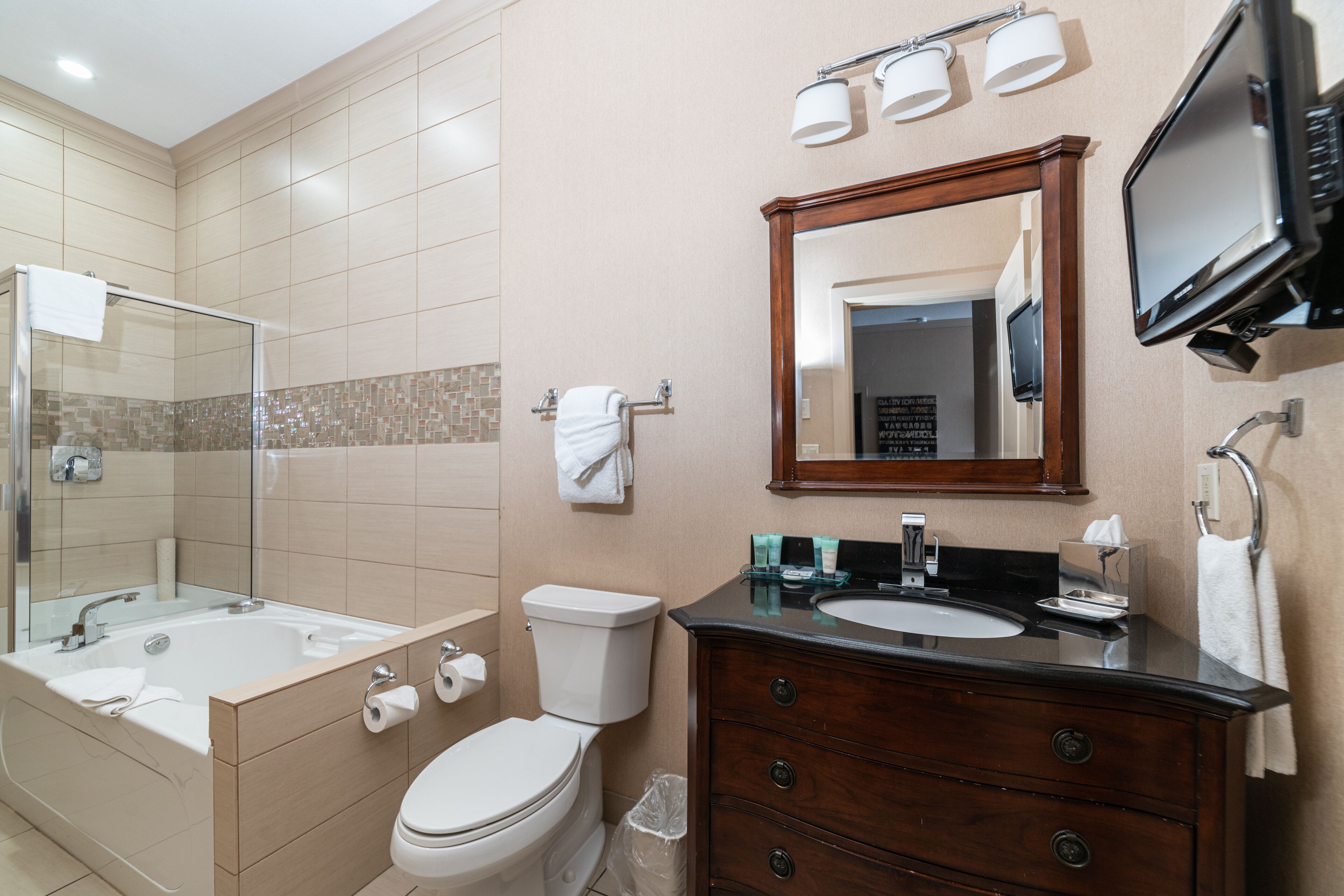 Une salle de bain moderne avec une baignoire, des toilettes, un meuble-lavabo et un grand miroir.