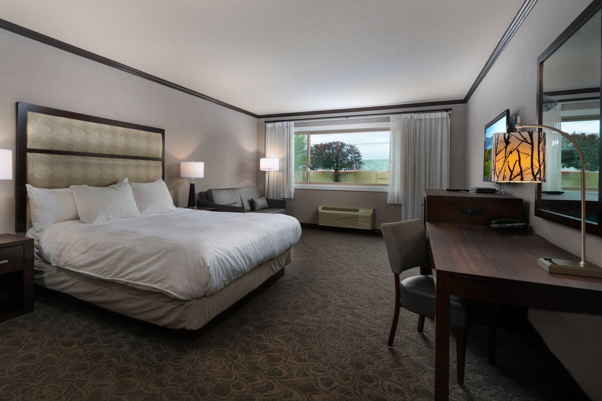 A hotel room with a large bed, a desk, a chair, a TV, and a window with curtains.