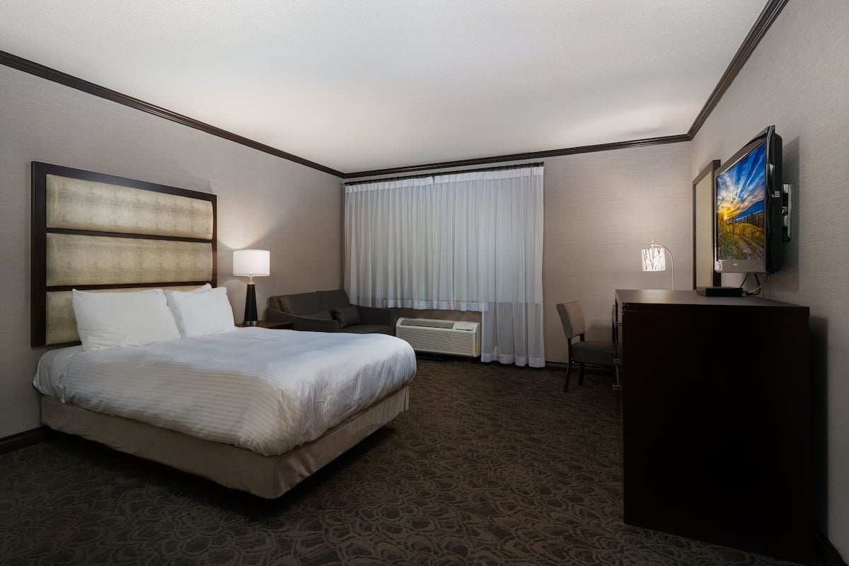 A hotel room with a large bed, a desk with a chair, a TV, and a window with curtains.
