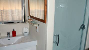 Un baño con lavabo, espejo y puerta de ducha de vidrio.