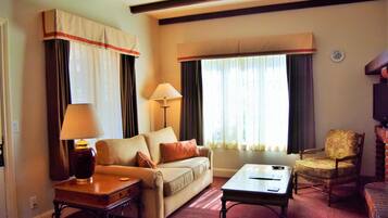 30-inch TV with cable channels, fireplace