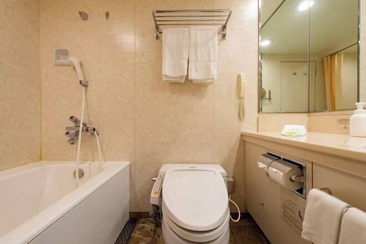 Combined shower/tub, free toiletries, hair dryer, slippers