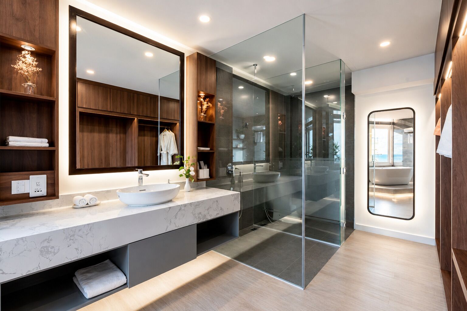 A modern bathroom with a large mirror, a glass shower enclosure, and a marble sink.