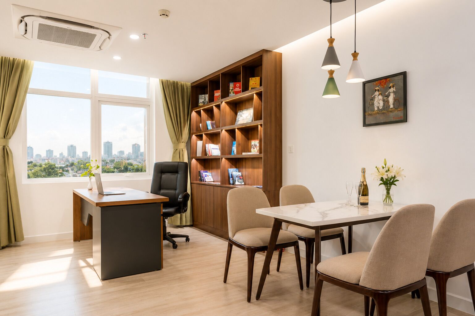 A modern office space with a desk, office chair, bookshelf, dining table with chairs, and a city view.