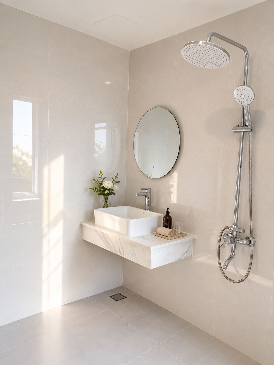 Une salle de bain moderne avec un grand miroir, un lavabo rectangulaire et une douche équipée d’un pommeau de douche à main.
